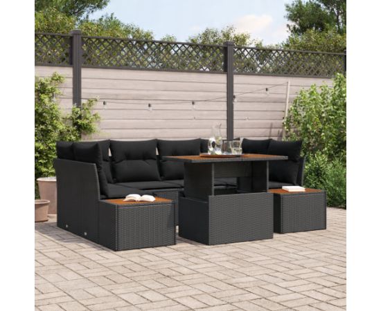 vidaXL Zestaw do jedzenia w ogrodzie 7-elementowy z poduszkami Czarny Polirattan Akacja Dārza mēbeļu komplekti