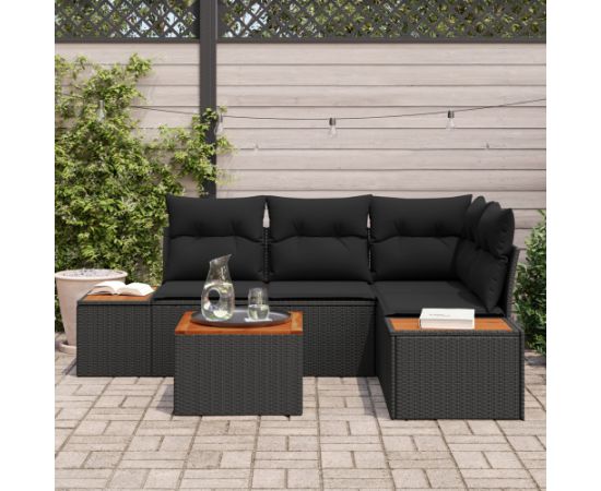 vidaXL 5-częściowy zestaw sof ogrodowych z poduszkami czarny polirattan akacja Dārza mēbeļu komplekti