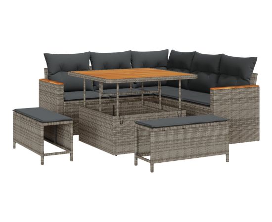 vidaXL 8-elementowy zestaw sof ogrodowych z poduszkami szary polirattan akacja Dārza mēbeļu komplekti