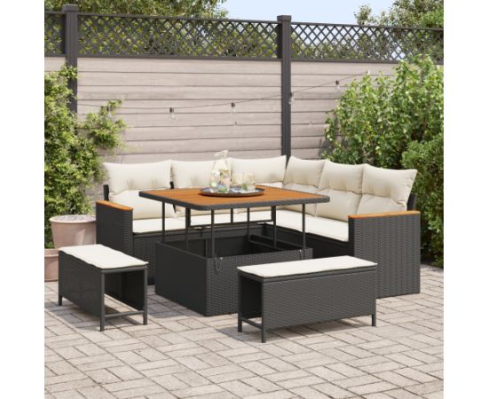 vidaXL 8-elementowy zestaw kanap ogrodowych z poduszkami Czarny Polirattan Akacja Dārza mēbeļu komplekti