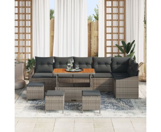 Zestaw sofy ogrodowej vidaXL 10 elementów z poduszkami szary poli rattan akacja Dārza mēbeļu komplekti