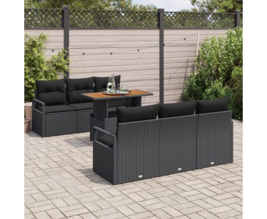 Vidaxl Zestaw 7-elementowy Sofa Ogrodowa z Poduszkami Czarny Polirattan Akacja Dārza mēbeļu komplekti