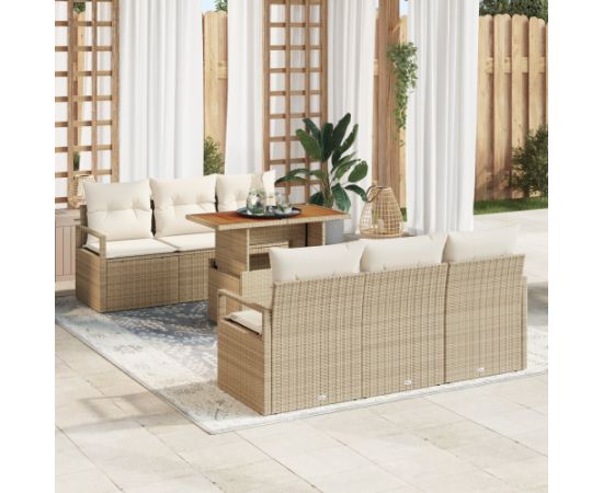 vidaXL 7-częściowy zestaw sof ogrodowych z poduszkami Beżowy Rattan Poliester Akacja Dārza mēbeļu komplekti