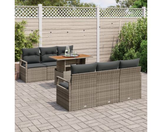 vidaXL 7-częściowy Zestaw Sof Ogrodowych z Poduszkami Szary Poly Rattan Akacja Dārza mēbeļu komplekti