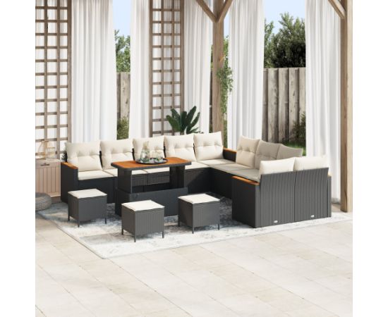 vidaXL 14-elementowy zestaw sof ogrodowych z poduszkami czarny polirattan akacja Dārza mēbeļu komplekti