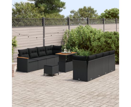 vidaXL 11-elementowy zestaw sof ogrodowych z poduszkami czarny polirattan akacja Dārza mēbeļu komplekti