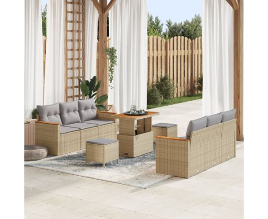 Zestaw 9-elementowy sof ogrodowych vidaXL z poduszkami Beżowy Polirattan Akacja Dārza mēbeļu komplekti