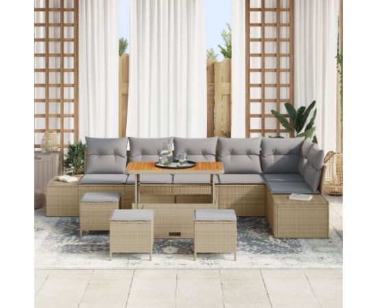 vidaXL 10-częściowy zestaw sof ogrodowych z poduszkami Beżowy Polirattan Akacja Dārza mēbeļu komplekti