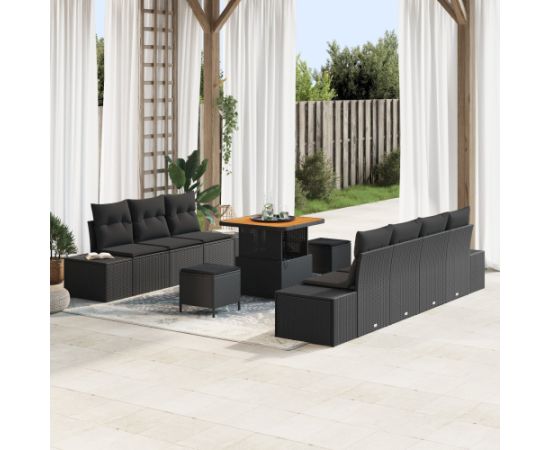 vidaXL Zestaw 10 elementów sof ogrodowych z poduszkami Czarny Polirattan Akacja Dārza mēbeļu komplekti