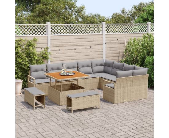 Zestaw 12 elementów sof ogrodowych vidaXL z poduszkami Beżowy Polirattan Akacja Dārza mēbeļu komplekti