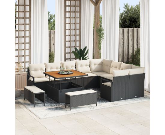 vidaXL 12-częściowy zestaw sof ogrodowych z poduszkami Czarny Polirattan Akacja Dārza mēbeļu komplekti