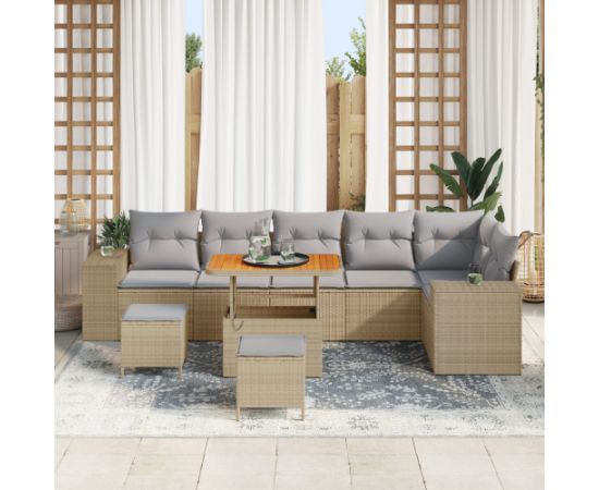 vidaXL 9-częściowy zestaw sof ogrodowych z poduszkami Beżowy Polirattan Akacja Dārza mēbeļu komplekti