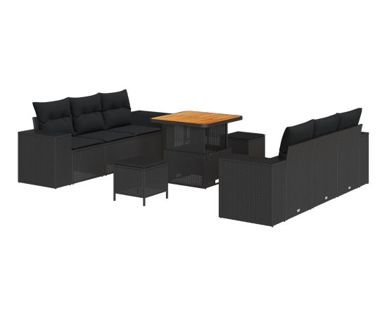 9-częściowy zestaw sof ogrodowych vidaXL z poduszkami czarny polirattan akacjowy Dārza mēbeļu komplekti
