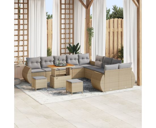 Zestaw Sofy Ogrodowej vidaXL 13 Elementów z Poduszkami Beżowy Polirattan Akacja Dārza mēbeļu komplekti