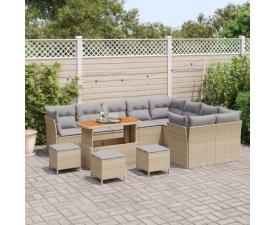 vidaXL 13-częściowy zestaw sof ogrodowych z poduszkami Beżowy Polirattan Akacja Dārza mēbeļu komplekti
