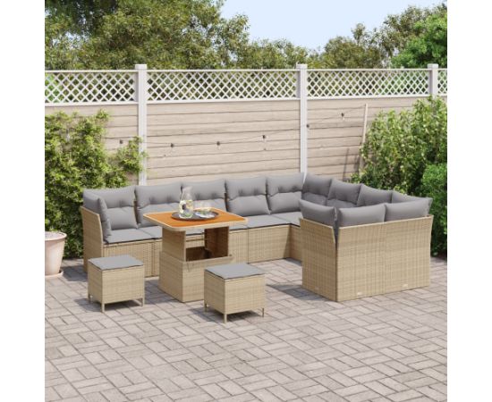 vidaXL 12-elementowy Zestaw Sof Ogrodowych z Poduszkami Beżowy Polirattan Akacjowy Dārza mēbeļu komplekti