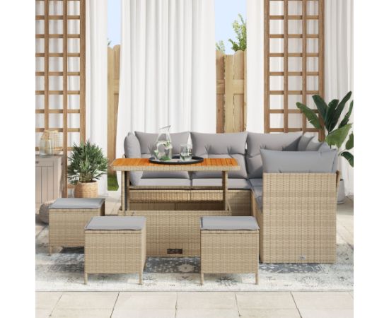 vidaXL 9-elementowy zestaw sof ogrodowych z poduszkami Beżowy Poli Rattan Akacja Dārza mēbeļu komplekti