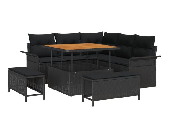 Zestaw sof ogrodowych vidaXL 8 części z poduszkami Czarny polirattan akacja Dārza mēbeļu komplekti