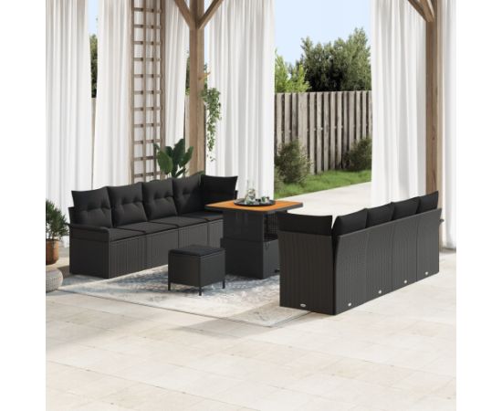vidaXL 11-częściowy zestaw sof ogrodowych z poduszkami czarny polirattan akacja Dārza mēbeļu komplekti