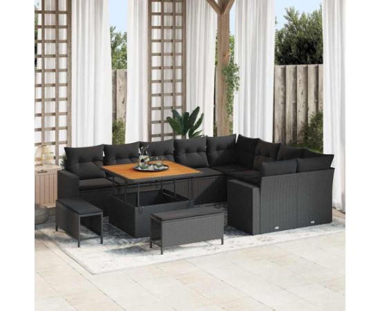 vidaXL 12-elementowy zestaw sof ogrodowych z poduszkami Czarny Poli Rattan Akacja Dārza mēbeļu komplekti