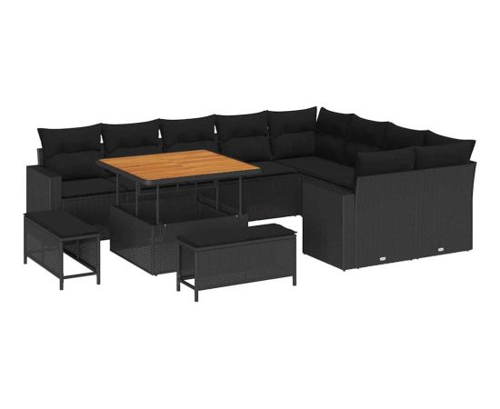 vidaXL 12-elementowy zestaw sof ogrodowych z poduszkami Czarny Poli Rattan Akacja Dārza mēbeļu komplekti