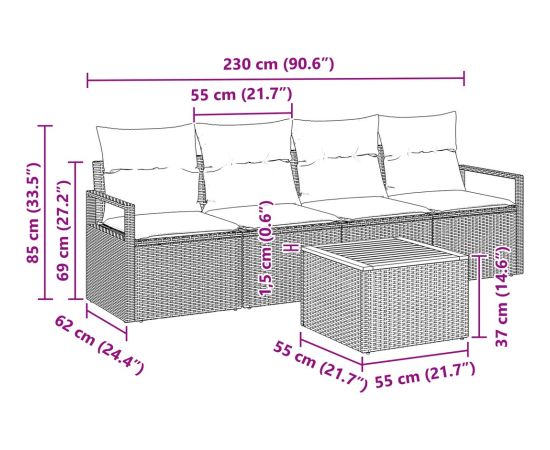 vidaXL 5-częściowy zestaw sof ogrodowych z poduszkami szary polirattan akacjowy Dārza mēbeļu komplekti