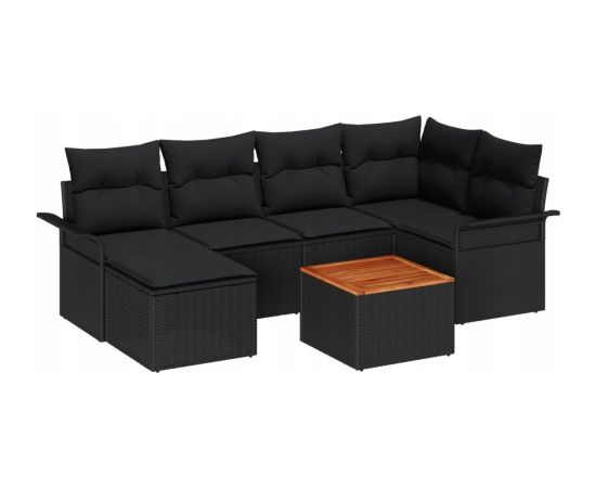 Vidaxl Zestaw ogrodowy 7 części z poduszkami Czarny Polirattan Akacja Dārza mēbeļu komplekti