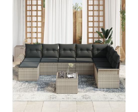 vidaXL 9-elementowy zestaw kanap ogrodowych z poduszkami jasnoszary polirattan Dārza mēbeļu komplekti