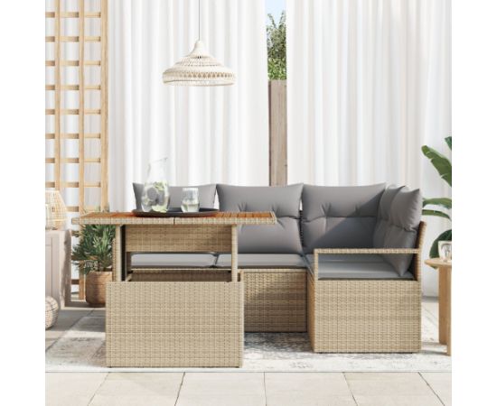 vidaXL Zestaw 5-pieczęciowych sof ogrodowych z poduszkami Beżowy Rattan PE Akacja Dārza mēbeļu komplekti