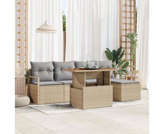 vidaXL 6-elementowy zestaw sof ogrodowych z poduszkami Beżowy Poli Rattan Akacja Dārza mēbeļu komplekti