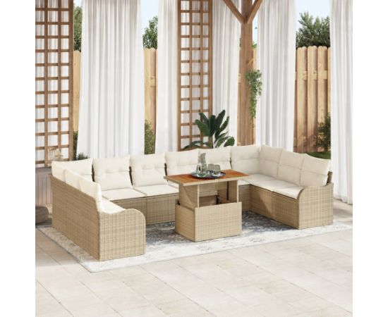 vidaXL 11-elementowy zestaw sof ogrodowych z poduszkami beżowy polirattan akacja Dārza mēbeļu komplekti