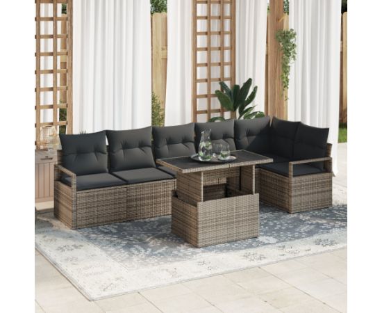 Zestaw sof ogrodowych vidaXL 7 elementów z poduszkami Szary Poli Rattan Dārza mēbeļu komplekti