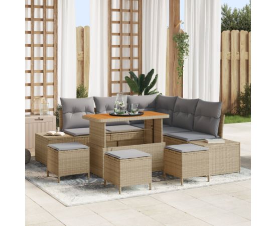 Vidaxl Zestaw 9-elementowy sof ogrodowych z poduszkami Beżowy Polirattan Akacja Dārza mēbeļu komplekti