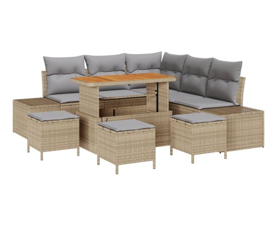 Vidaxl Zestaw 9-elementowy sof ogrodowych z poduszkami Beżowy Polirattan Akacja Dārza mēbeļu komplekti