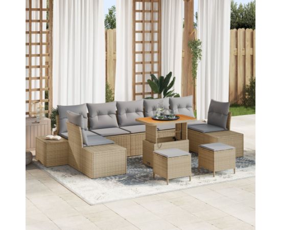 10-częściowy zestaw sof ogrodowych vidaXL z poduszkami Beżowy Rattan Akacja Dārza mēbeļu komplekti