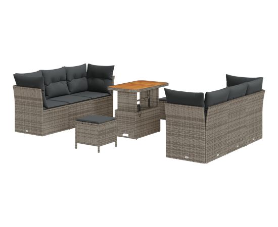 vidaXL 9 Elementowy Zestaw Sofy Ogrodowej z Poduszkami Szary Poli Rattan Akacja Dārza mēbeļu komplekti