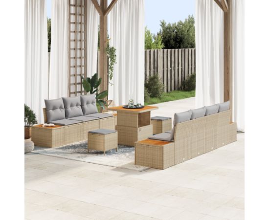 vidaXL 10-elementowy zestaw sof ogrodowych z poduszkami Beżowy Poli Rattan Akacja Dārza mēbeļu komplekti