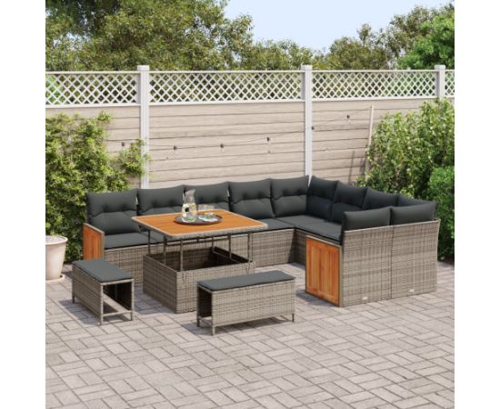 vidaXL 12 Elementowy Zestaw Sofy Ogrodowej z Poduszkami Szary Polirattan Akacja Dārza mēbeļu komplekti