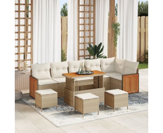 Zestaw sof ogrodowych vidaXL 10-częściowy z poduszkami, beżowy, polirattan, drewno akacjowe Dārza mēbeļu komplekti