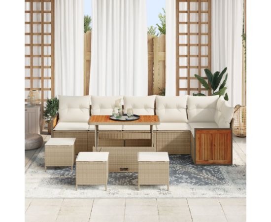 Zestaw sof ogrodowych vidaXL 10-częściowy z poduszkami, beżowy, polirattan, drewno akacjowe Dārza mēbeļu komplekti