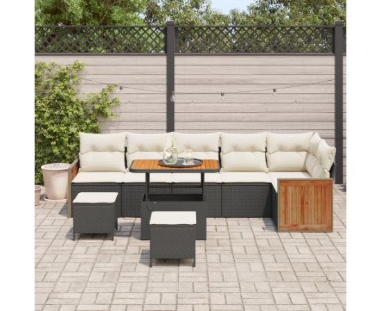 Zestaw sofy ogrodowej vidaXL 9-elementowy z poduszkami Czarny Polirattan Akacja Dārza mēbeļu komplekti