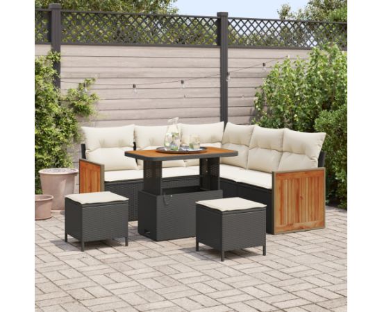 Zestaw Sofy Ogrodowej vidaXL 8-elementowy z Poduszkami Czarny Polirattan Akacja Dārza mēbeļu komplekti