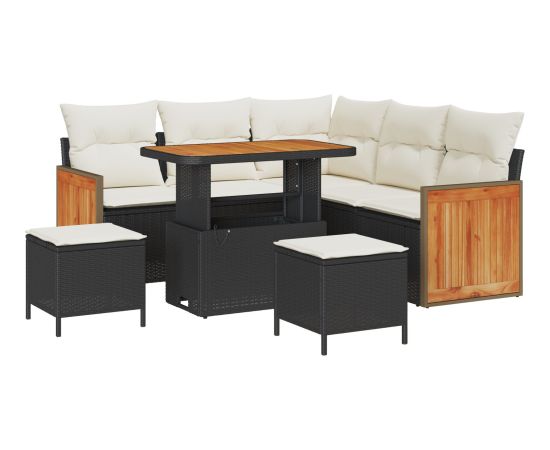 Zestaw Sofy Ogrodowej vidaXL 8-elementowy z Poduszkami Czarny Polirattan Akacja Dārza mēbeļu komplekti