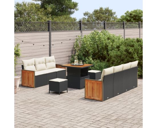 10-częściowy zestaw sof ogrodowych vidaXL z poduszkami czarny polirattan akacja Dārza mēbeļu komplekti