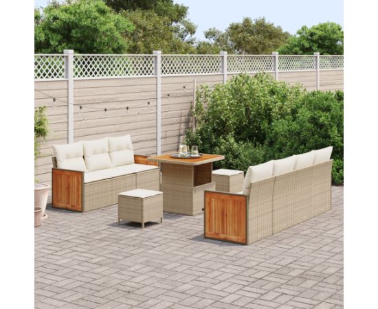 10-elementowy zestaw sof ogrodowych vidaXL z poduszkami Beżowy Poli Rattan Akacja Dārza mēbeļu komplekti