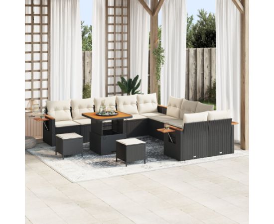 vidaXL 13-elementowy zestaw sofy ogrodowej z poduszkami czarny polirattan akacja Dārza mēbeļu komplekti