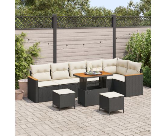 9-częściowy zestaw sof ogrodowych vidaXL z poduszkami Czarny Polirattan Akacja Dārza mēbeļu komplekti