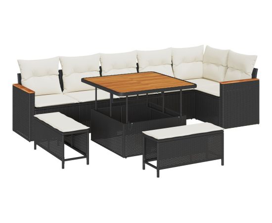 9-częściowy zestaw sof ogrodowych vidaXL z poduszkami czarny polirattan akacja Dārza mēbeļu komplekti