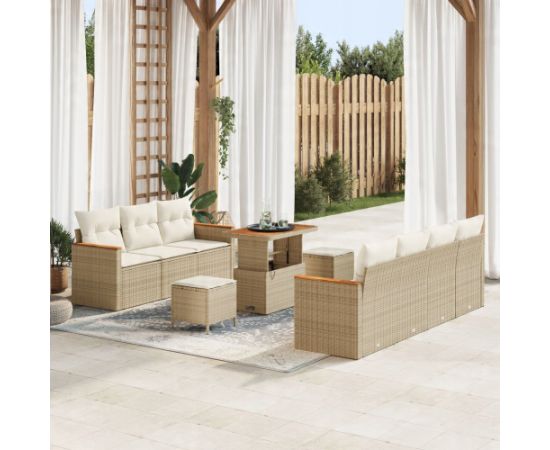 Zestaw 10-częściowy sof ogrodowych vidaXL z poduszkami Beżowy Poli Rattan Akacja Dārza mēbeļu komplekti