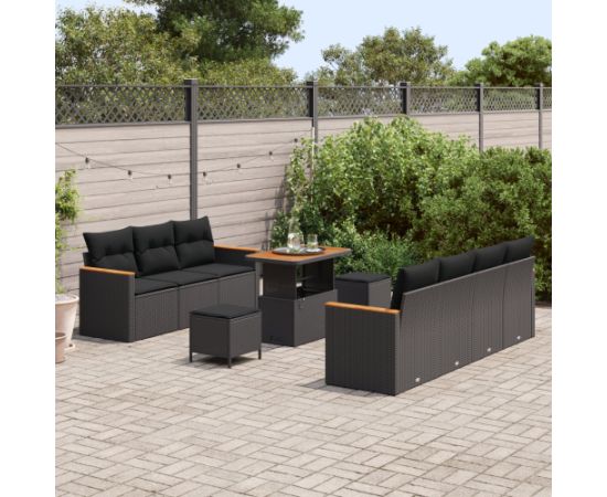 Zestaw Sof Ogrodowych vidaXL 10 częściowy z Poduszkami Czarny Polirattan Akacja Dārza mēbeļu komplekti